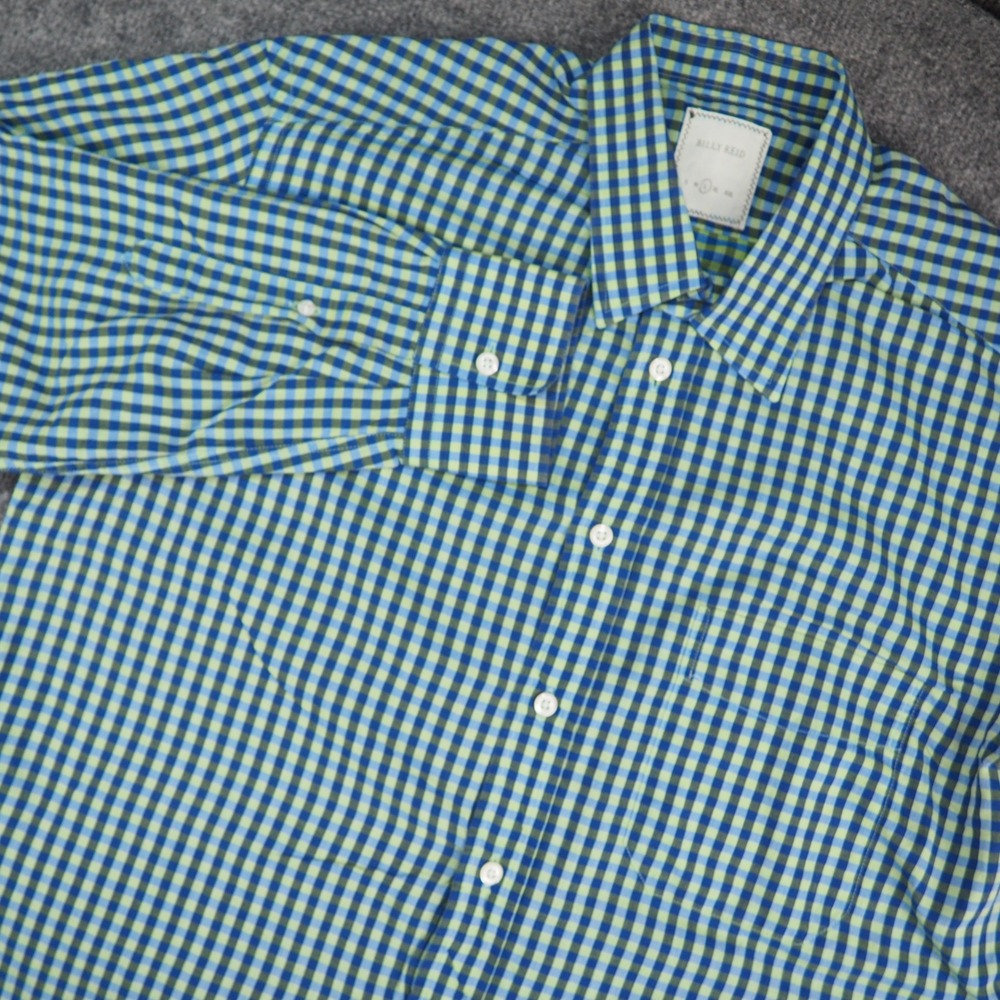 Billy Reid Shirt Mens Large Blue Green Gingham Plaid Long Sleeve Button Down